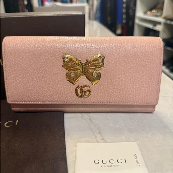 Gucci GG Marmont Gold Butterfly w/crystals wallet Pink (Rare) Like New box dust - Picture 4 of 15